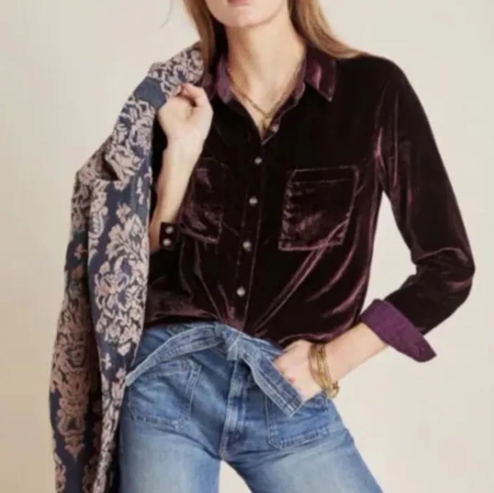 Splendid Velvet Top Moonstone Button Front Shirt‎ Size M Long Sleeve Deep Purple